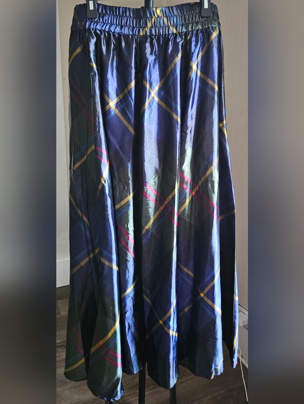 Cato Navy Plaid Satin Maxi Skirt with Gold Accent - Picture 2 of 4